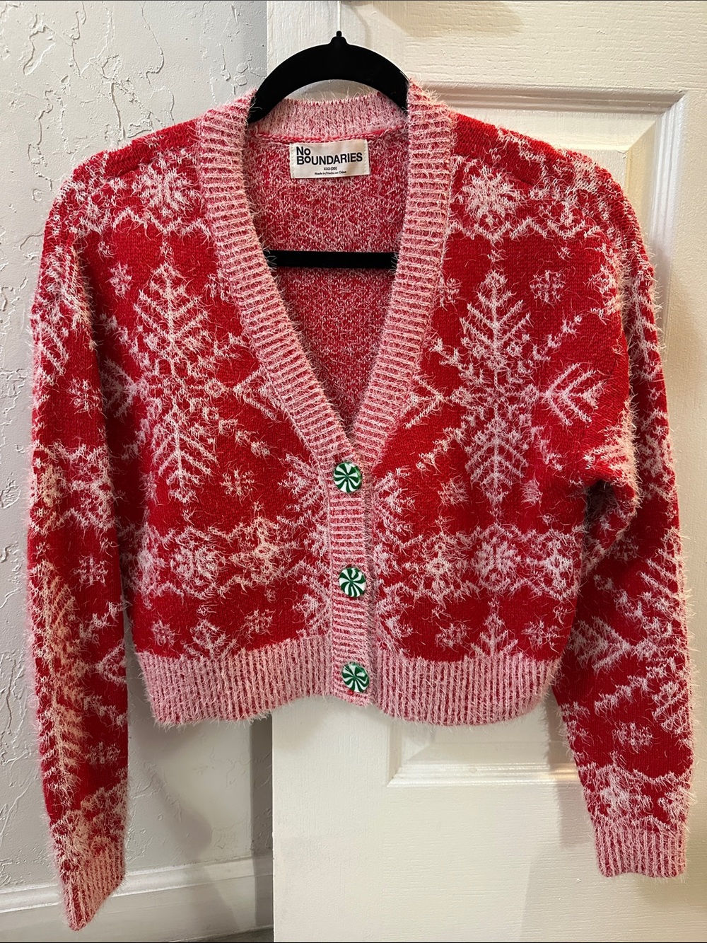 No Boundaries Red & Pink Snowflake Cardigan with Peppermint Buttons